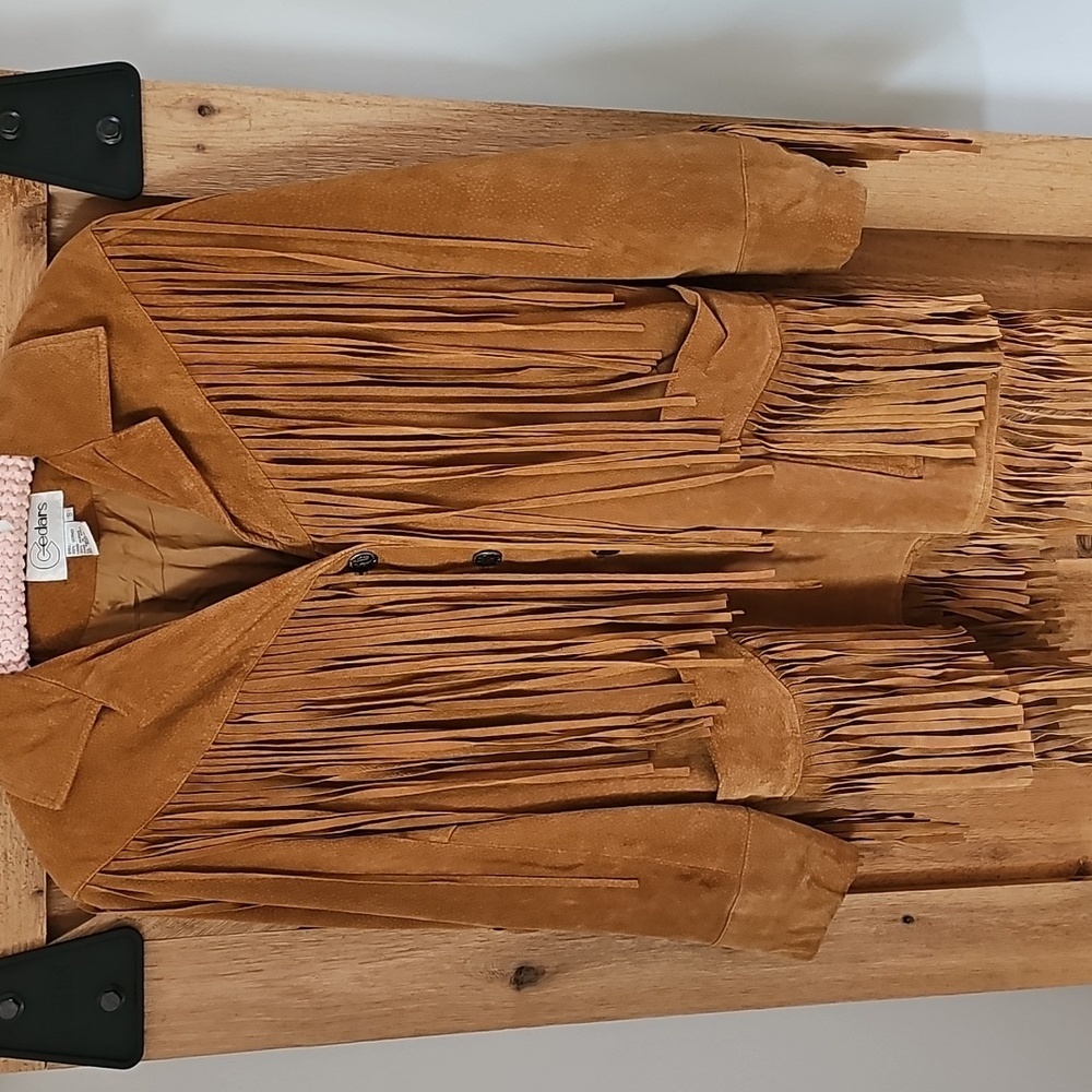 Vintage 70s Cedar Suede leather fringe jacket Hippie Cowgirl Western Size Small